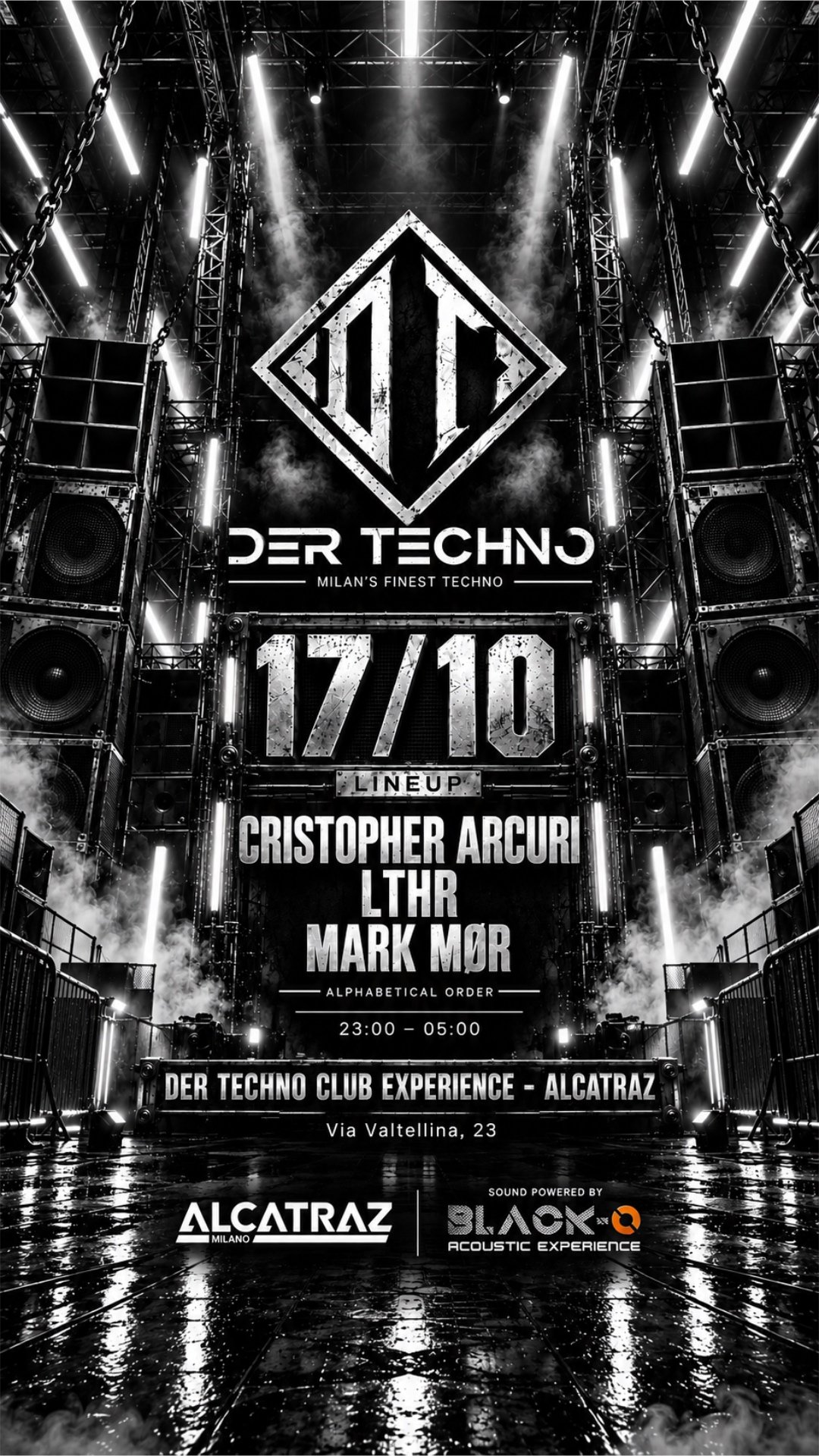 Flyer Der Techno Club Experience, 17 ottobre 2026, Alcatraz: Cristopher Arcuri, LTHR, Mark M&oslash;r